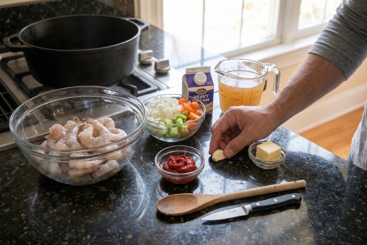 Raw shrimp, onion, celery, carrot, tomato paste, garlic, butter, cream, and broth arranged on a bright kitchen counter