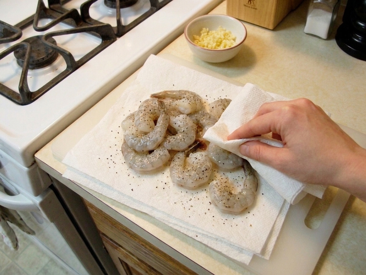 Raw shrimp patted dry on paper towels and seasoned with salt and pepper on a kitchen counter