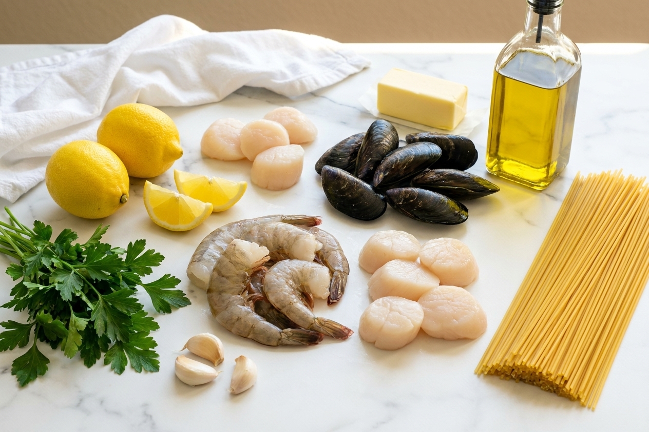 Raw shrimp, scallops, mussels, lemon, garlic, parsley, butter, olive oil, and dry spaghetti arranged on a clean kitchen counter under warm natural light