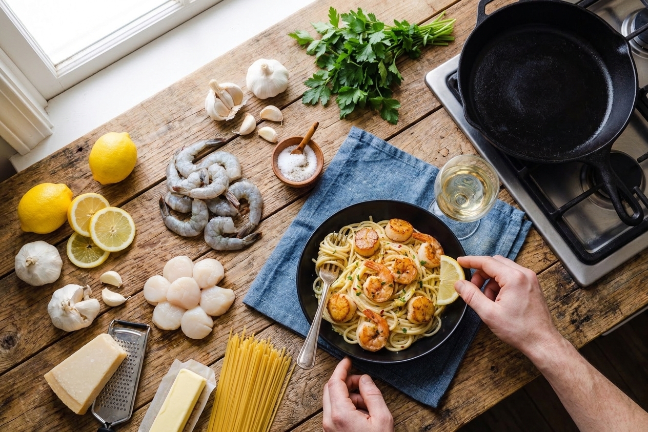 Raw shrimp, sea scallops, lemon, garlic, parsley, Parmesan, butter, and dried pasta arranged on a clean kitchen counter