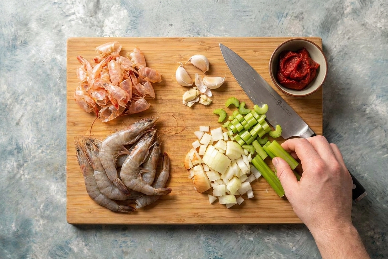 Raw shrimp, shrimp shells, garlic cloves, onion, celery, and tomato paste arranged on a light kitchen counter with a cutting board
