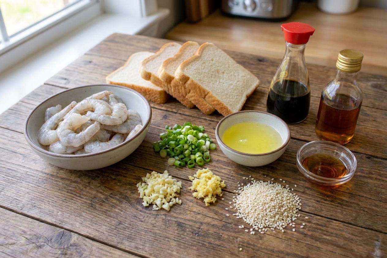 Raw shrimp, sliced white bread, scallions, garlic, ginger, egg white, sesame seeds, and condiments arranged on a bright kitchen counter for shrimp toast prep