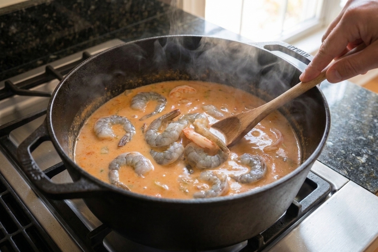 Raw shrimp turning pink as they cook in a creamy bisque inside a pot on the stove