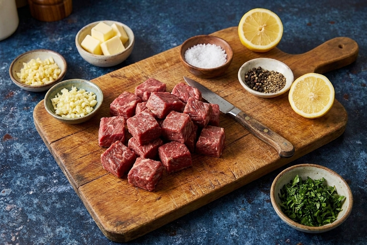 Raw sirloin steak cut into bite sized cubes on a wooden cutting board with small bowls of minced garlic, butter, salt, pepper, lemon, and parsley on a kitchen counter