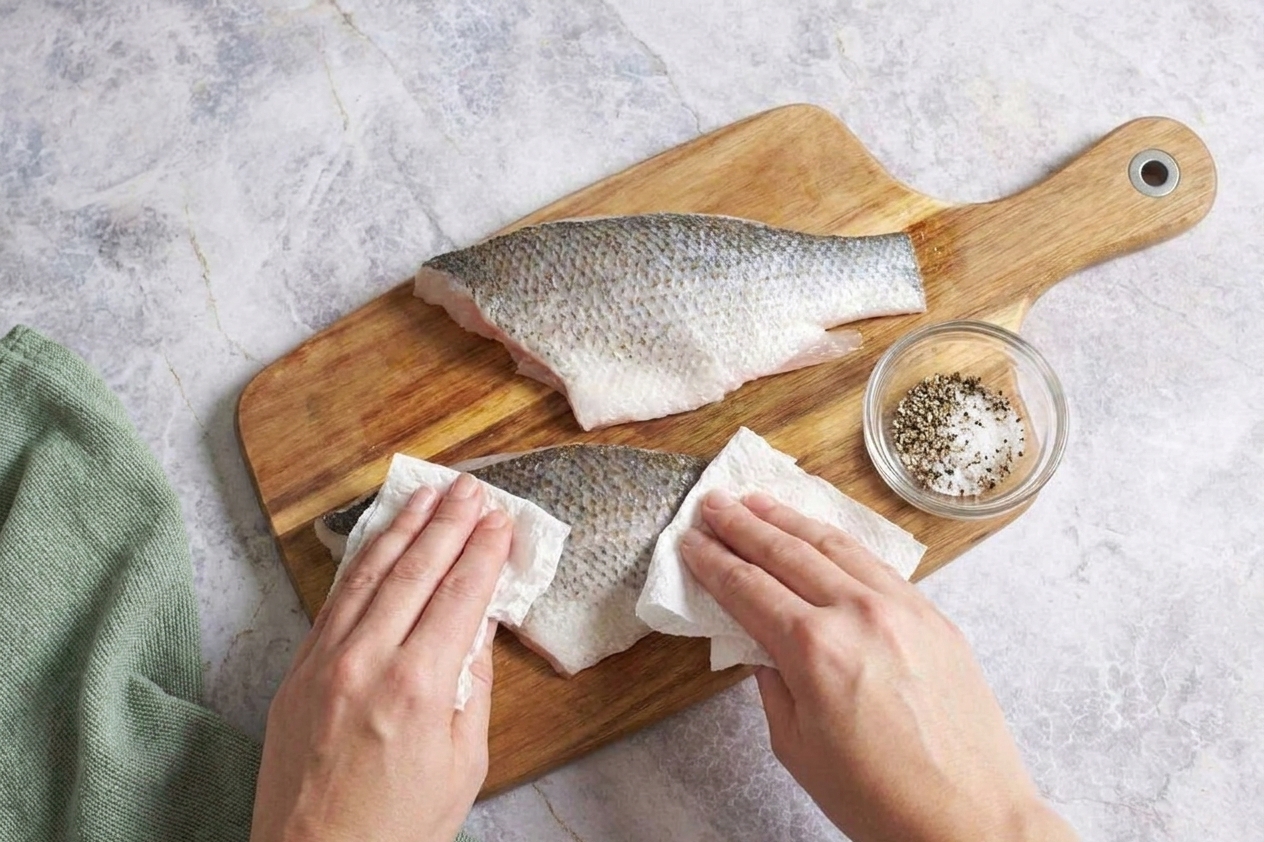 Raw skin-on barramundi fillets being patted dry with paper towels on a cutting board next to a small bowl of salt and pepper