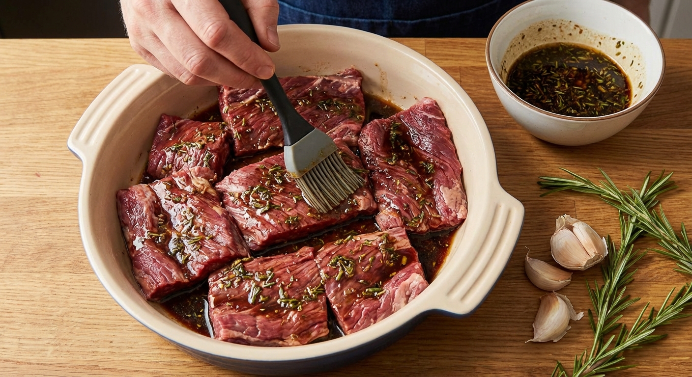 Raw skirt steak in a shallow dish being coated with marinade