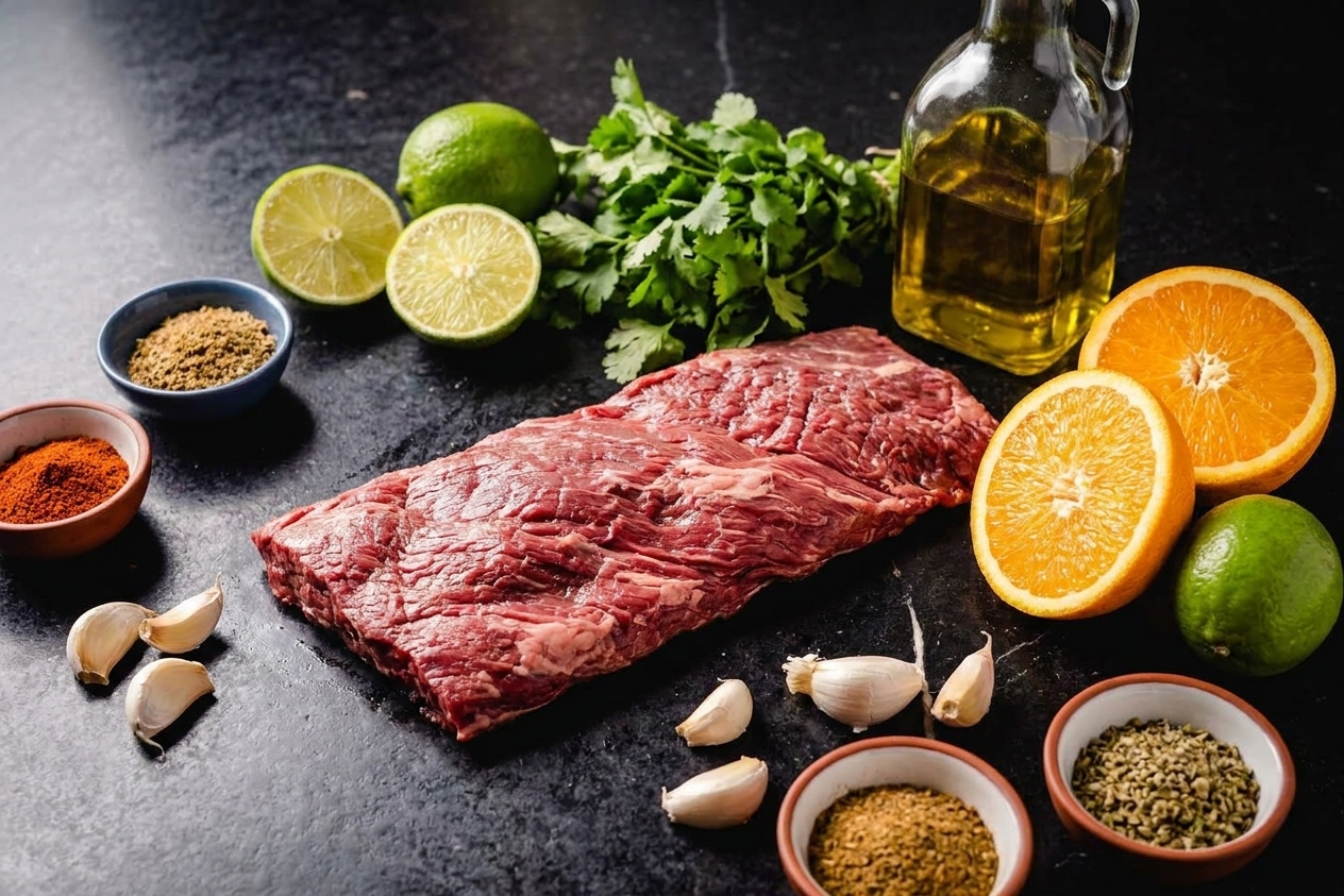 Raw skirt steak, limes, oranges, cilantro, garlic, spices, and a bottle of oil arranged on a bright kitchen counter