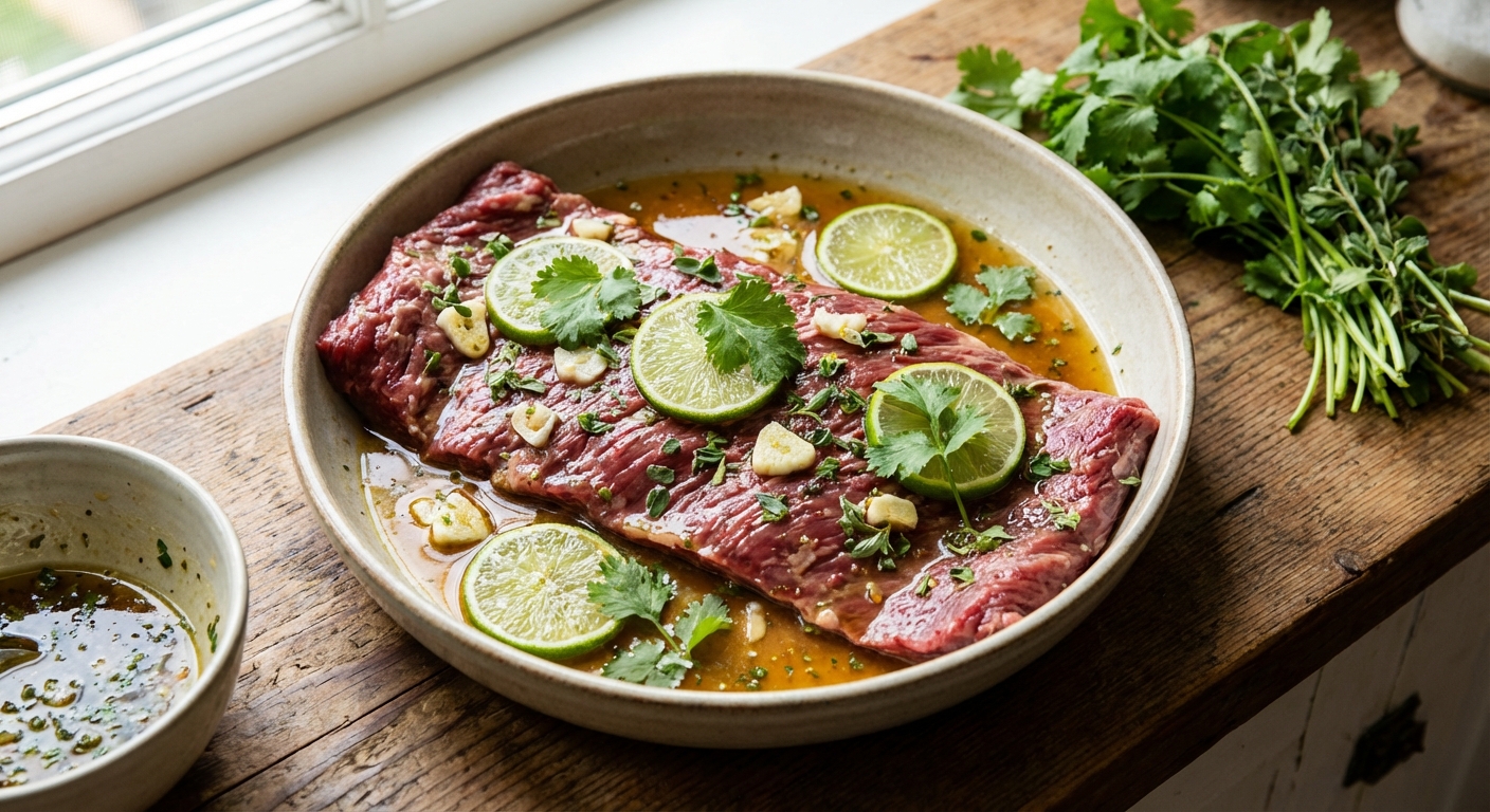 Raw skirt steak resting in a shallow dish with a glossy lime-garlic marinade and herbs