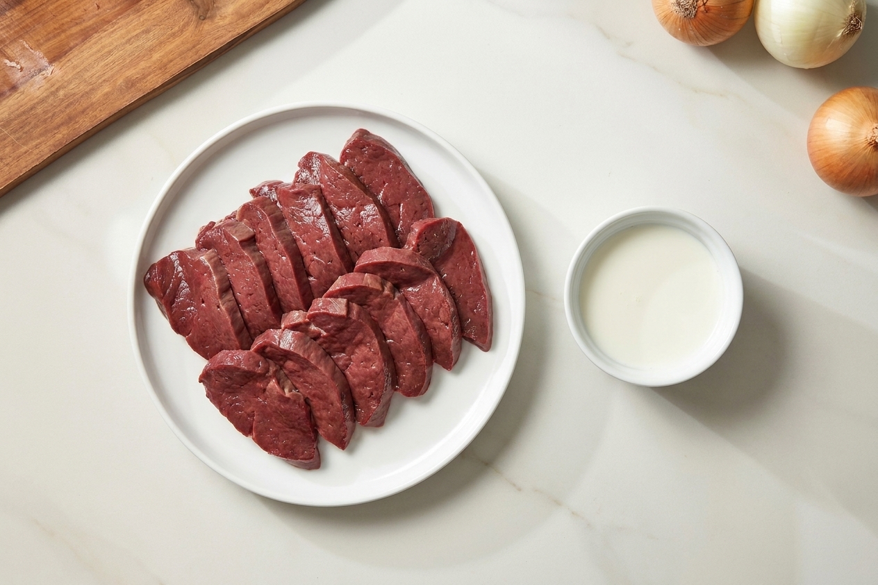 Raw sliced beef liver arranged on a plate beside a bowl of milk on a clean kitchen counter