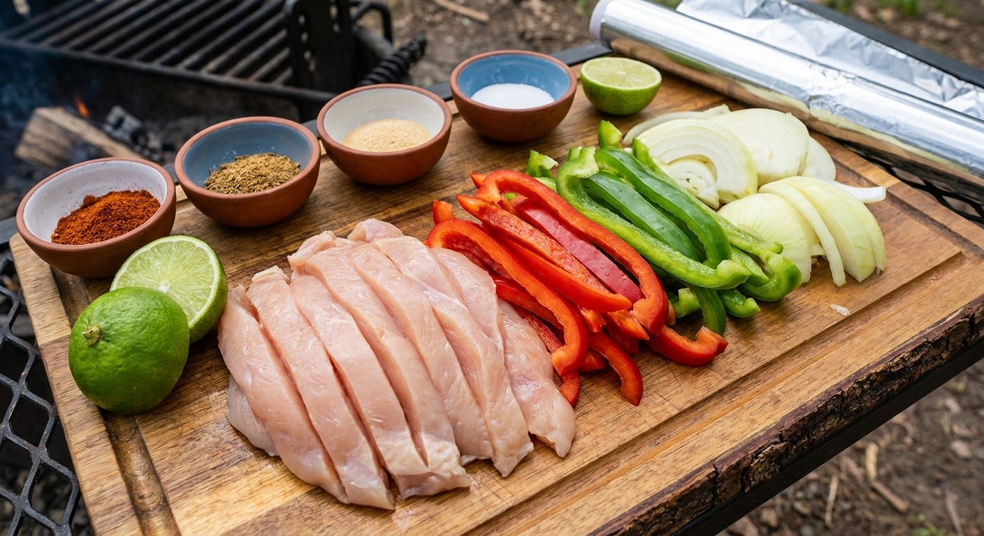 Raw sliced chicken, bell pepper strips, and sliced onions arranged on a cutting board with small bowls of spices and a lime