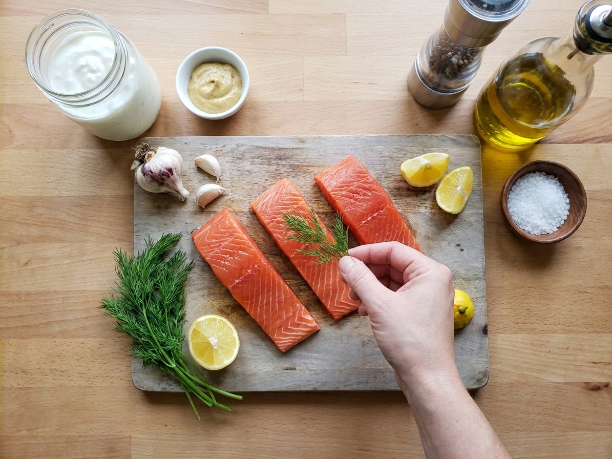 Raw sockeye salmon fillets with skin on, lemon, dill, Greek yogurt, garlic, Dijon mustard, salt, pepper, and olive oil arranged on a clean kitchen counter
