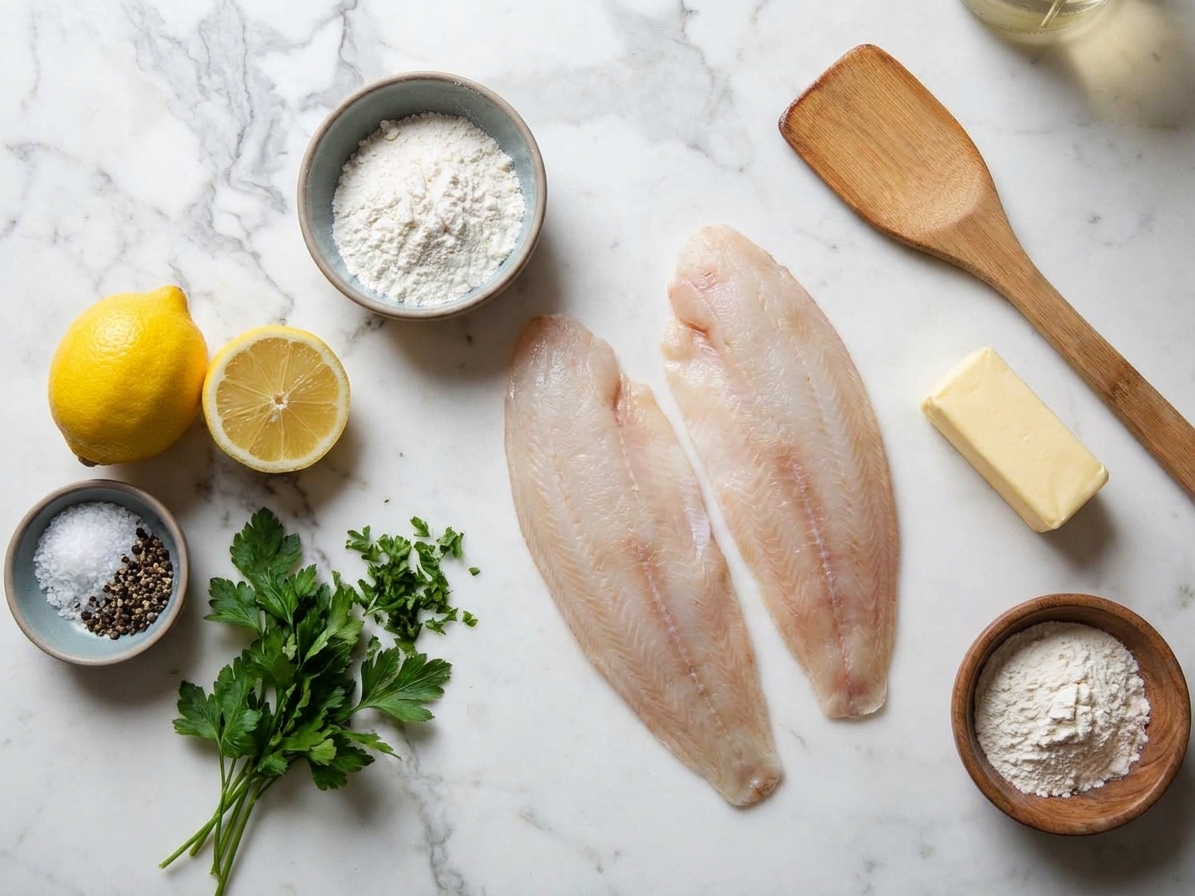 Raw sole fillets, lemon, parsley, flour, butter, and a small bowl of salt and pepper arranged on a clean kitchen counter in natural light