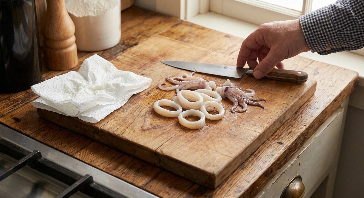 Raw squid rings and tentacles on a cutting board with a knife and paper towels on a kitchen counter