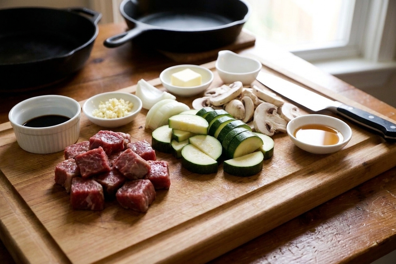 Raw steak cubes, soy sauce, garlic, butter, sesame oil, zucchini, onion, and mushrooms arranged on a clean kitchen counter with small bowls for seasonings