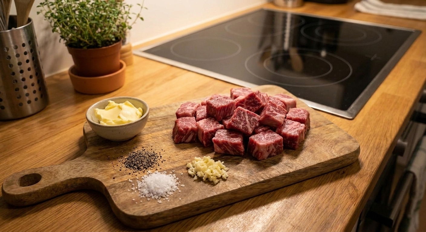 Raw steak cut into bite-size cubes on a wooden cutting board with kosher salt, black pepper, minced garlic, and a small bowl of butter nearby on a kitchen counter
