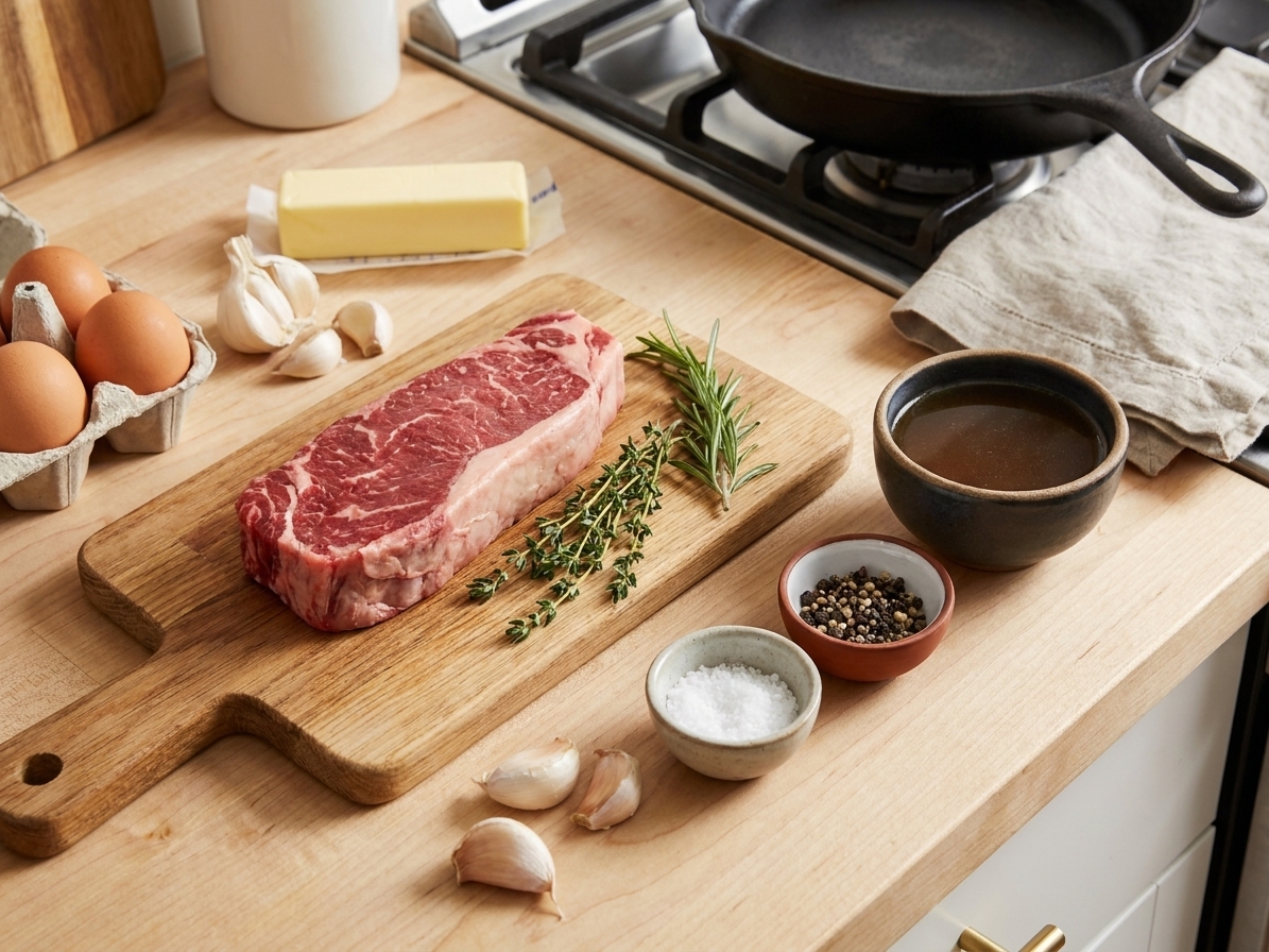 Raw steak, eggs, butter, garlic, herbs, salt, pepper, and a small bowl of stock arranged on a bright kitchen counter