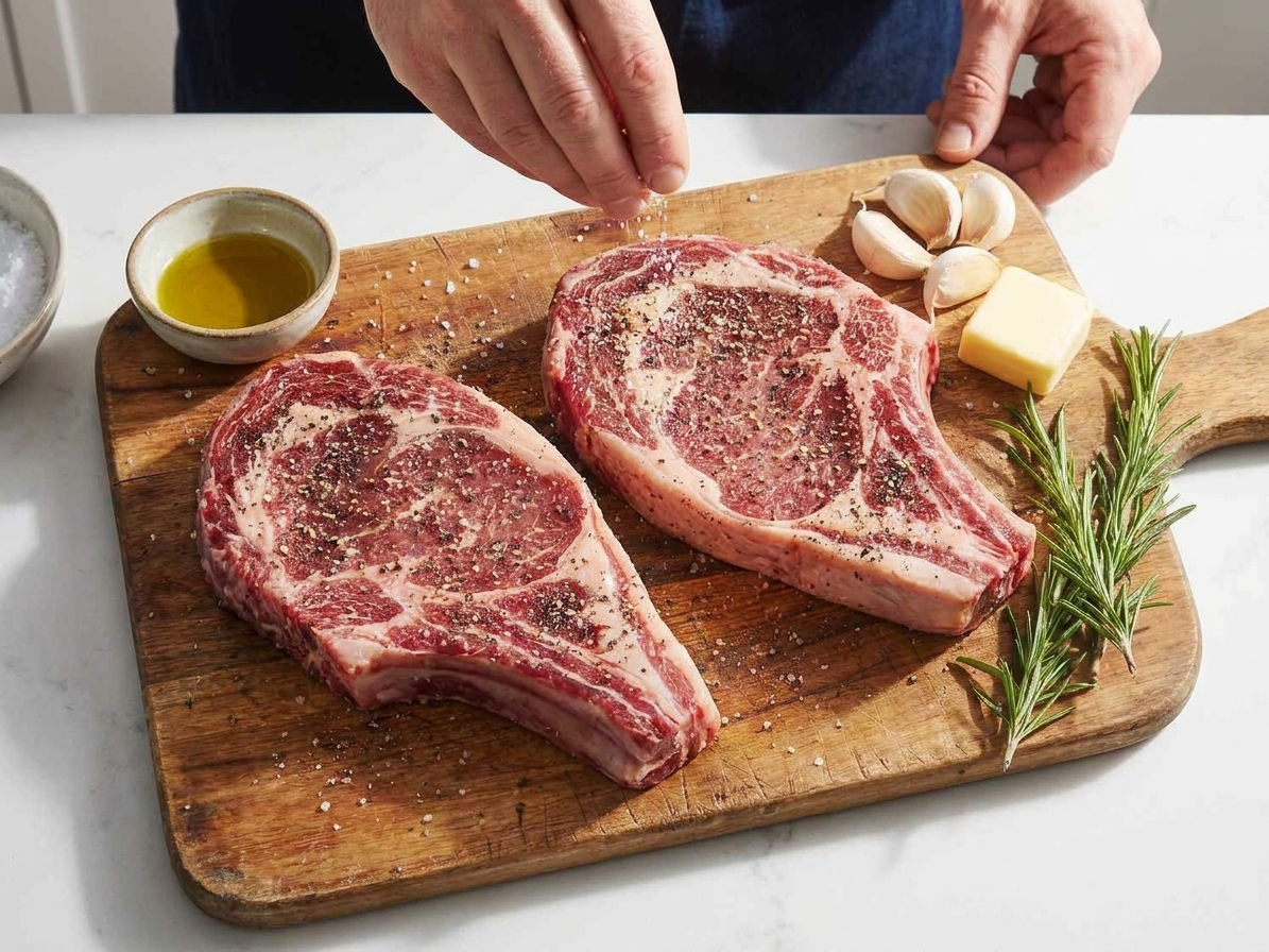 Raw steak loin steaks on a cutting board with kosher salt, black pepper, garlic cloves, butter, rosemary, and a small bowl of oil on a bright kitchen counter