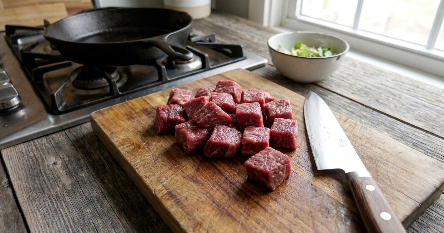 Raw steak tips cut into bite size pieces on a wooden cutting board with a chef's knife nearby in a home kitchen