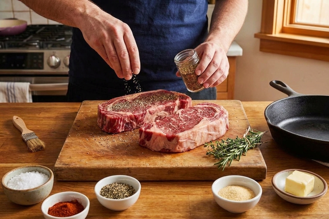 Raw steaks on a cutting board with small bowls of salt, pepper, paprika, garlic, butter, and fresh herbs arranged on a bright kitchen counter