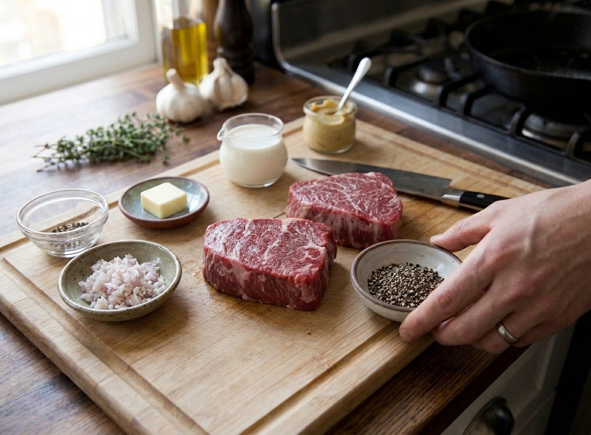 Raw steaks on a cutting board with small bowls of cracked black peppercorns, minced shallot, butter, cream, and Dijon mustard arranged on a kitchen counter