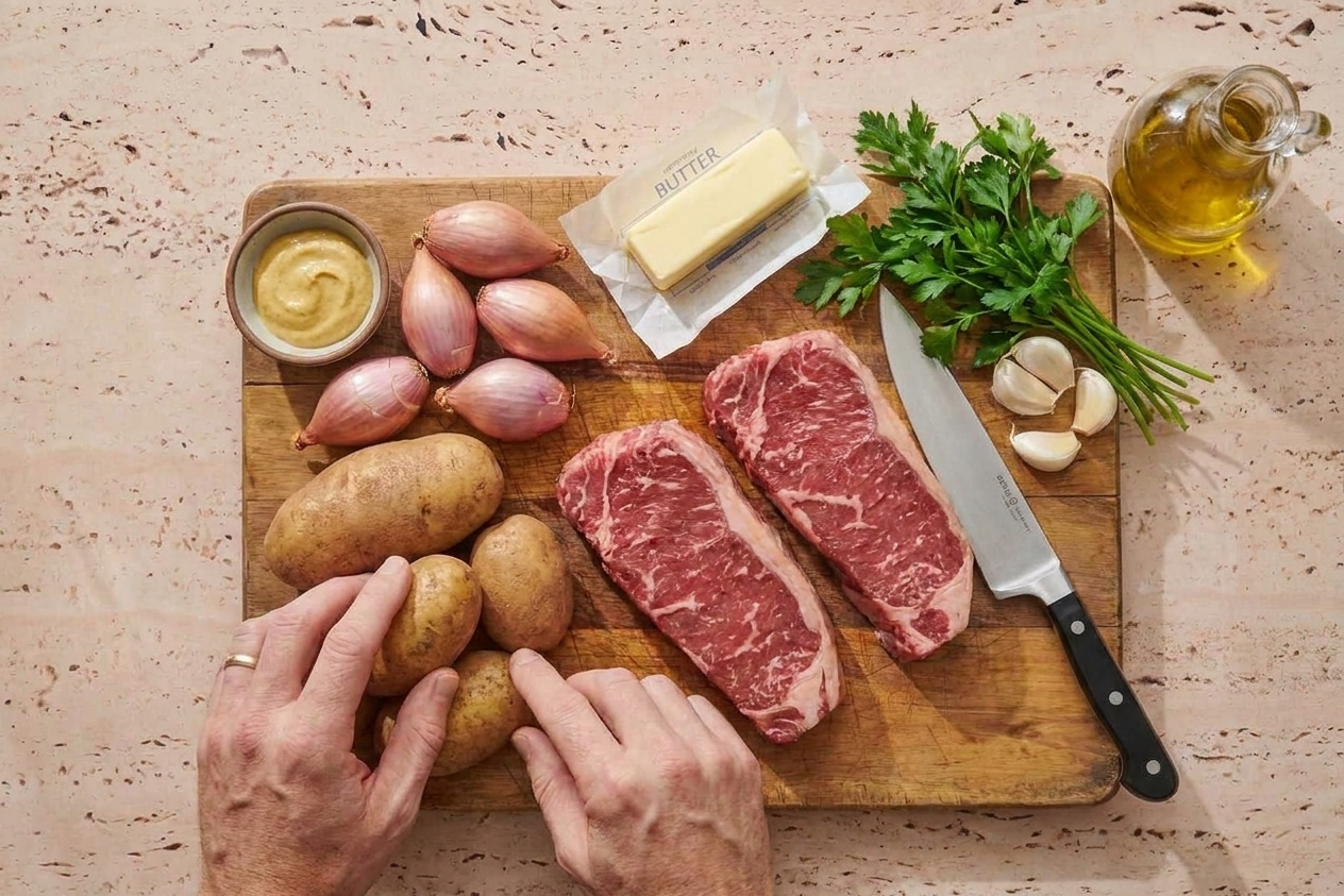 Raw steaks, russet potatoes, shallots, Dijon mustard, butter, parsley, garlic, and oil arranged on a clean kitchen counter with a cutting board