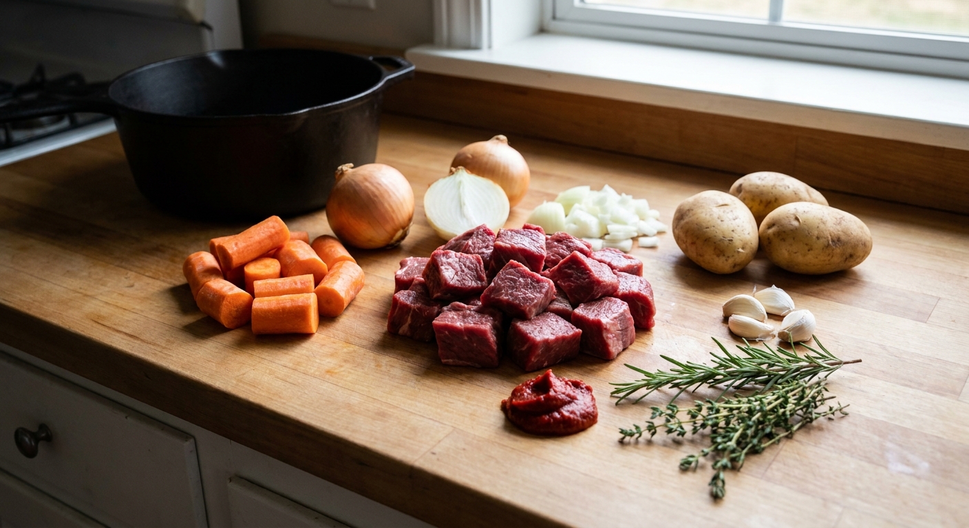 Raw stew beef, carrots, onions, potatoes, garlic, tomato paste, and herbs arranged on a kitchen counter ready for cooking, real photograph