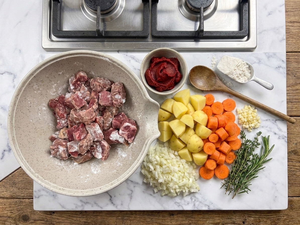 Raw stew beef, potatoes, carrots, onions, garlic, tomato paste, flour, and herbs arranged on a kitchen counter in one cohesive scene