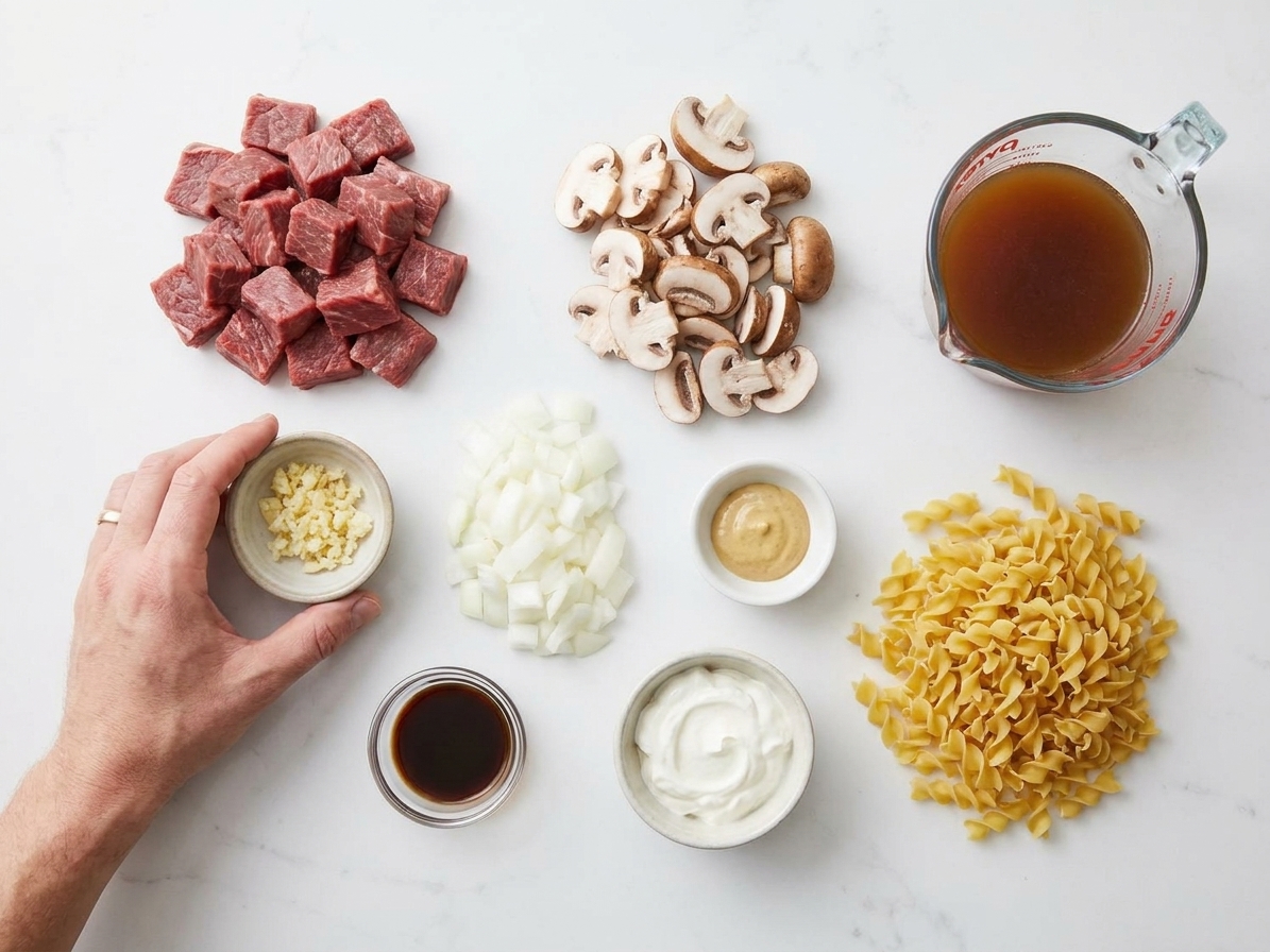 Raw stew beef, sliced mushrooms, onions, garlic, beef broth, Worcestershire sauce, Dijon mustard, sour cream, and egg noodles arranged on a bright kitchen counter