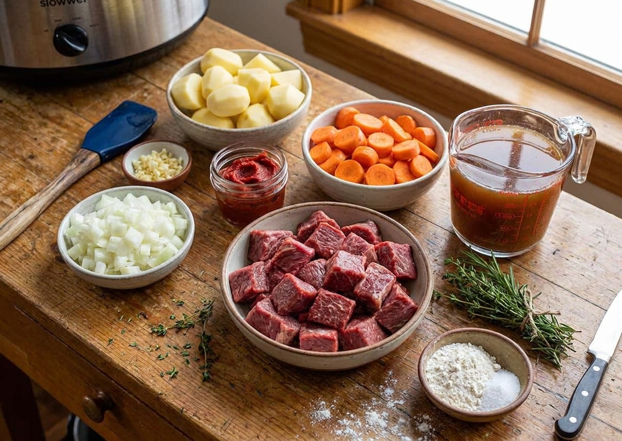 Raw stew ingredients arranged on a bright kitchen counter including cubed beef, potatoes, carrots, onion, garlic, tomato paste, beef broth, and herbs in small bowls