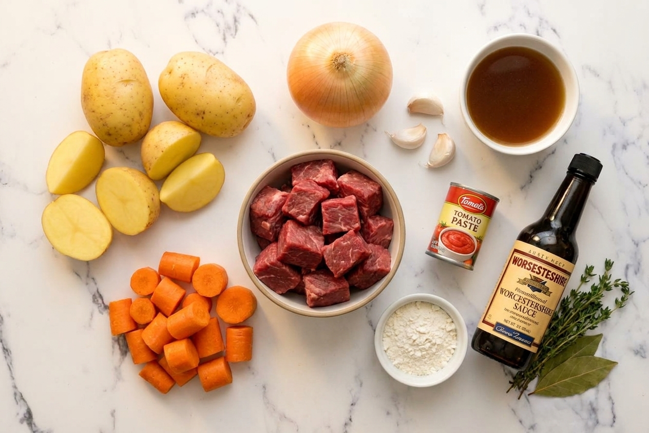 Raw stew meat, Yukon Gold potatoes, carrots, onion, garlic, beef broth, tomato paste, flour, Worcestershire sauce, and herbs arranged on a bright kitchen counter