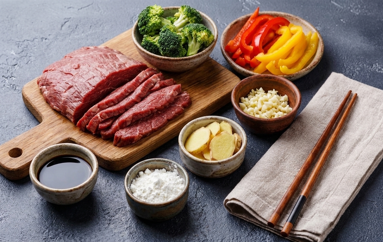 Raw stir fry ingredients arranged on a kitchen counter including sliced steak, broccoli florets, bell peppers, garlic, ginger, soy sauce, and cornstarch in small bowls
