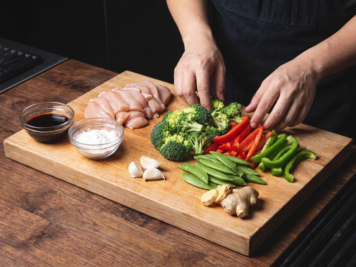Raw stir fry ingredients on a wooden cutting board including sliced chicken, broccoli florets, bell pepper strips, snap peas, garlic, ginger, and small bowls of soy sauce and cornstarch on a home kitchen counter