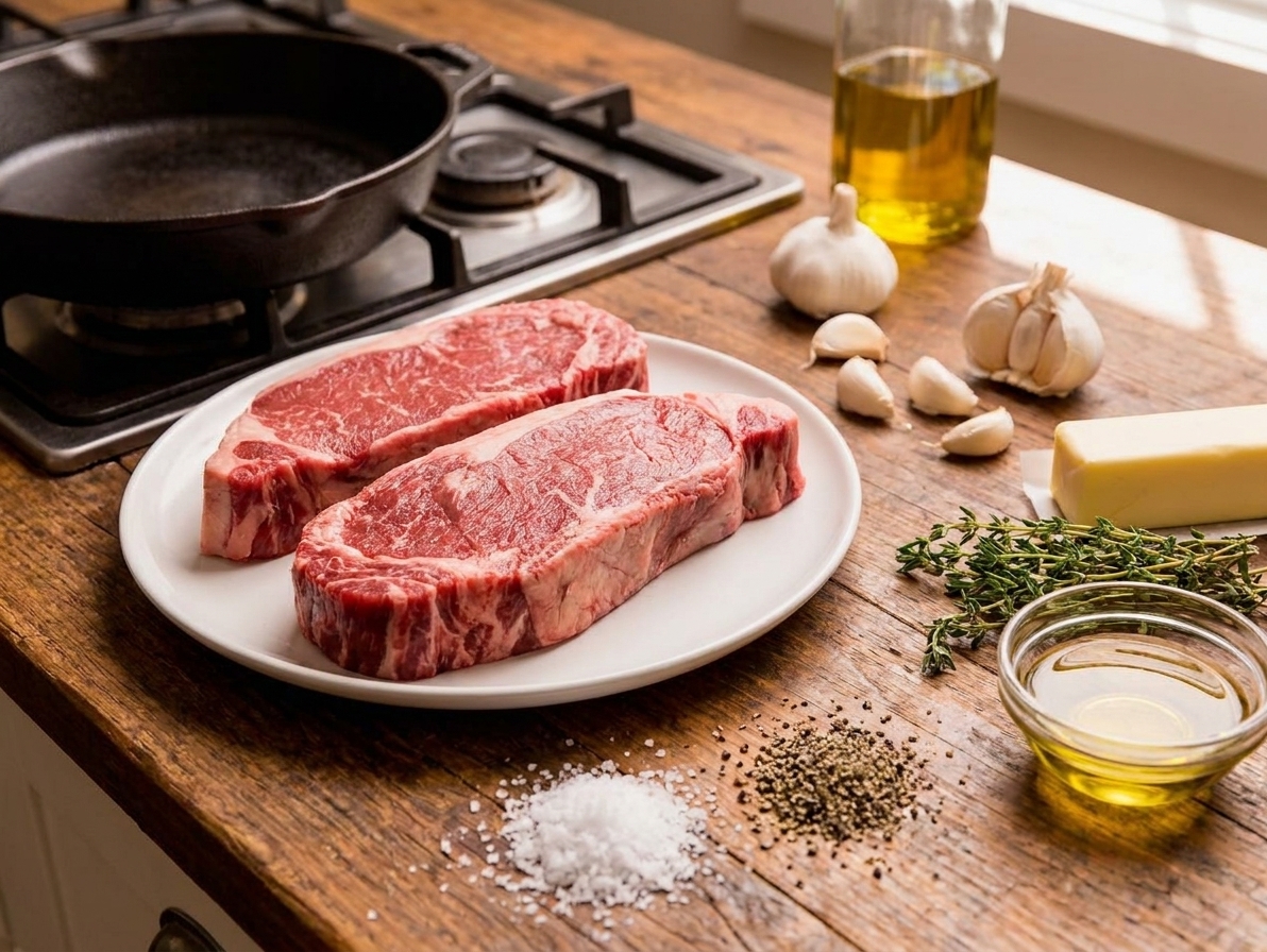 Raw striploin steaks on a plate with kosher salt, black pepper, garlic, butter, fresh thyme, and a small bowl of neutral oil arranged on a bright kitchen counter