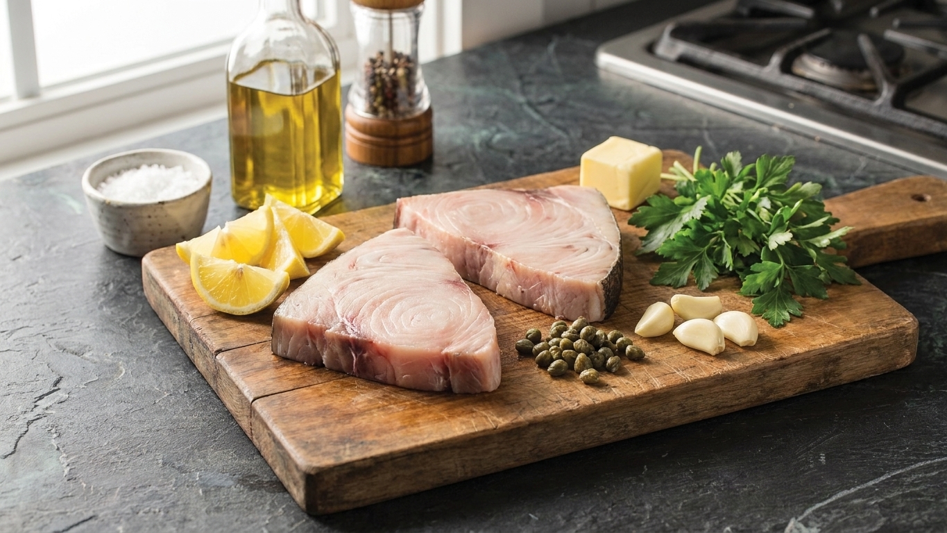 Raw swordfish steaks on a cutting board beside lemons, capers, garlic, parsley, butter, olive oil, salt, and pepper on a bright kitchen counter