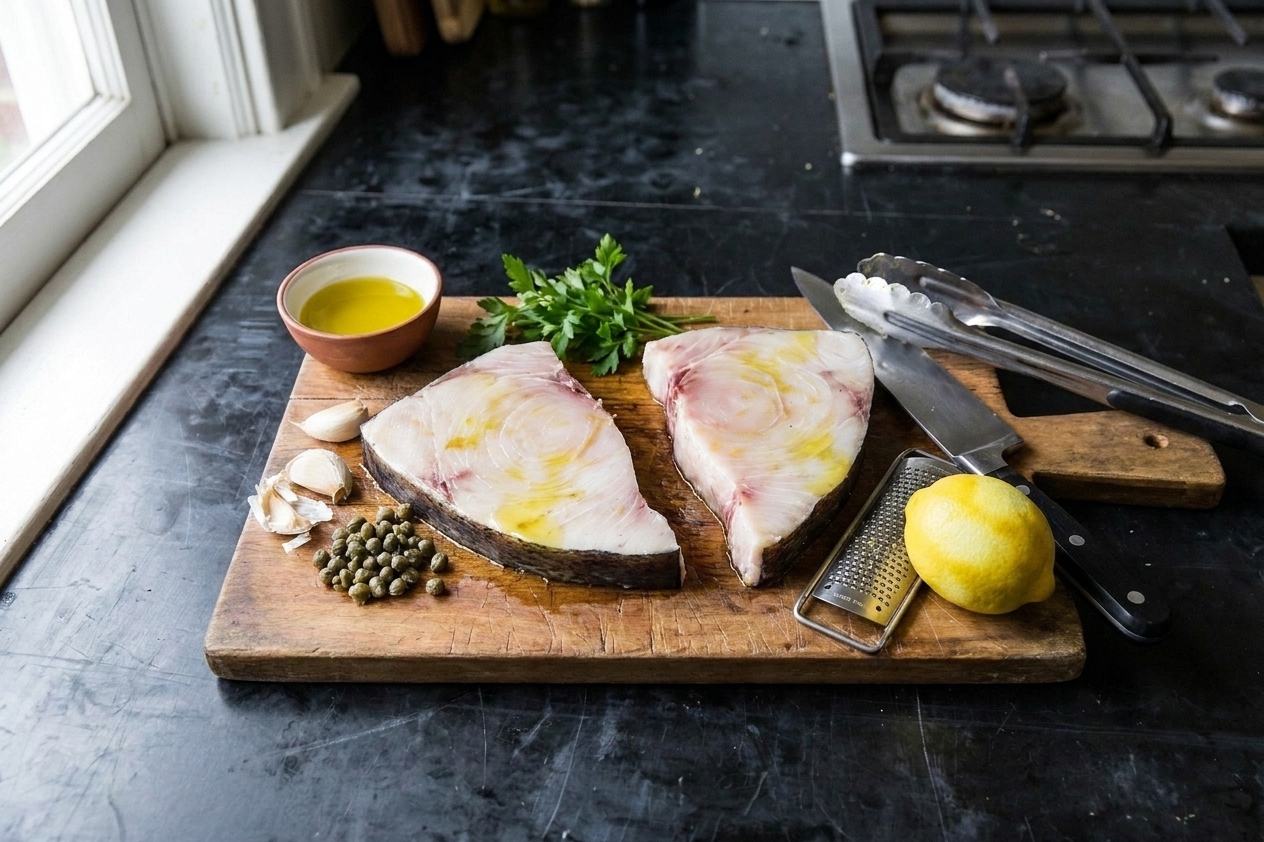 Raw swordfish steaks on a cutting board with lemon, garlic, parsley, capers, and a small bowl of olive oil on a tidy kitchen counter