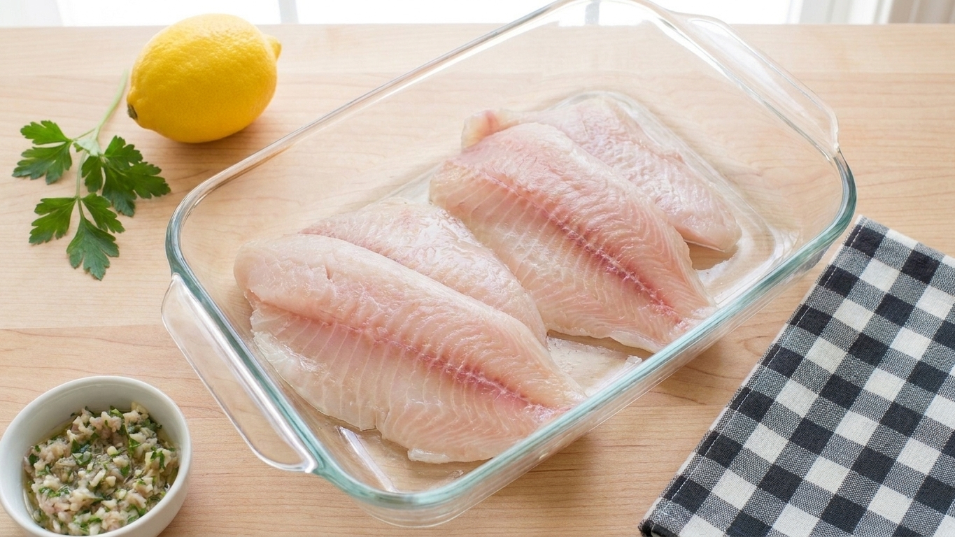 Raw tilapia fillets arranged in a single layer in a glass baking dish on a light kitchen counter, ready to be seasoned