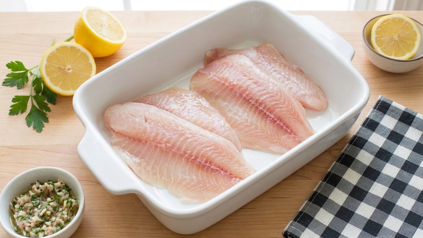 Raw tilapia fillets arranged neatly in a baking dish on a light kitchen counter before baking