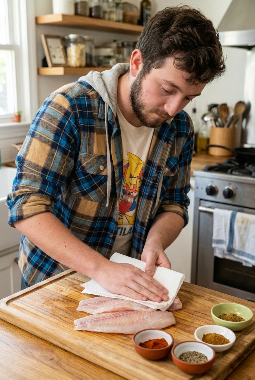 Raw tilapia fillets on a cutting board being patted dry with a paper towel next to small bowls of spices