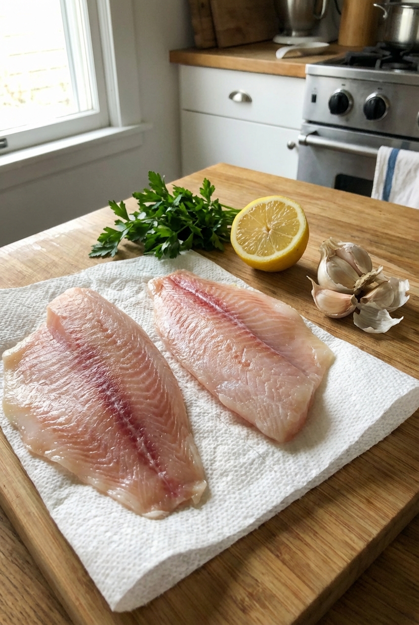 Raw tilapia fillets patted dry on a cutting board with lemon, garlic, and parsley nearby