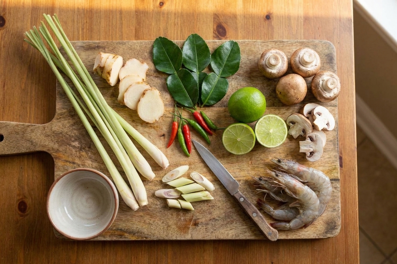 Raw tom yum ingredients arranged on a wooden cutting board including lemongrass stalks, galangal slices, kaffir lime leaves, Thai chilies, limes, mushrooms, and shrimp