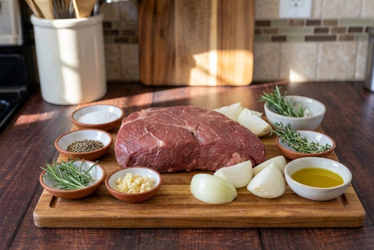 Raw top round roast on a cutting board with small bowls of salt, black pepper, minced garlic, rosemary, thyme, olive oil, and thick-cut onion wedges on a kitchen counter
