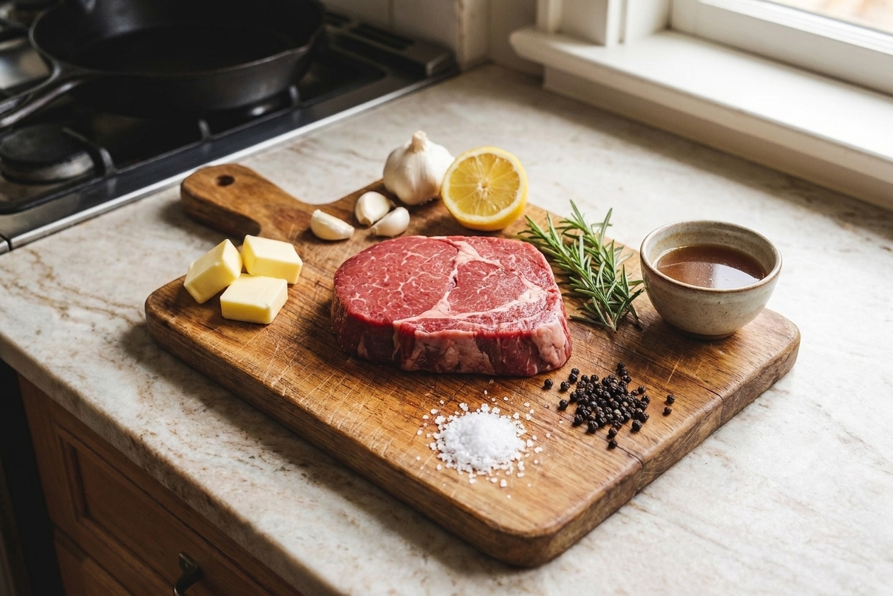 Raw top round steak, butter, garlic, lemon, rosemary, salt, pepper, and beef broth arranged on a light stone kitchen counter
