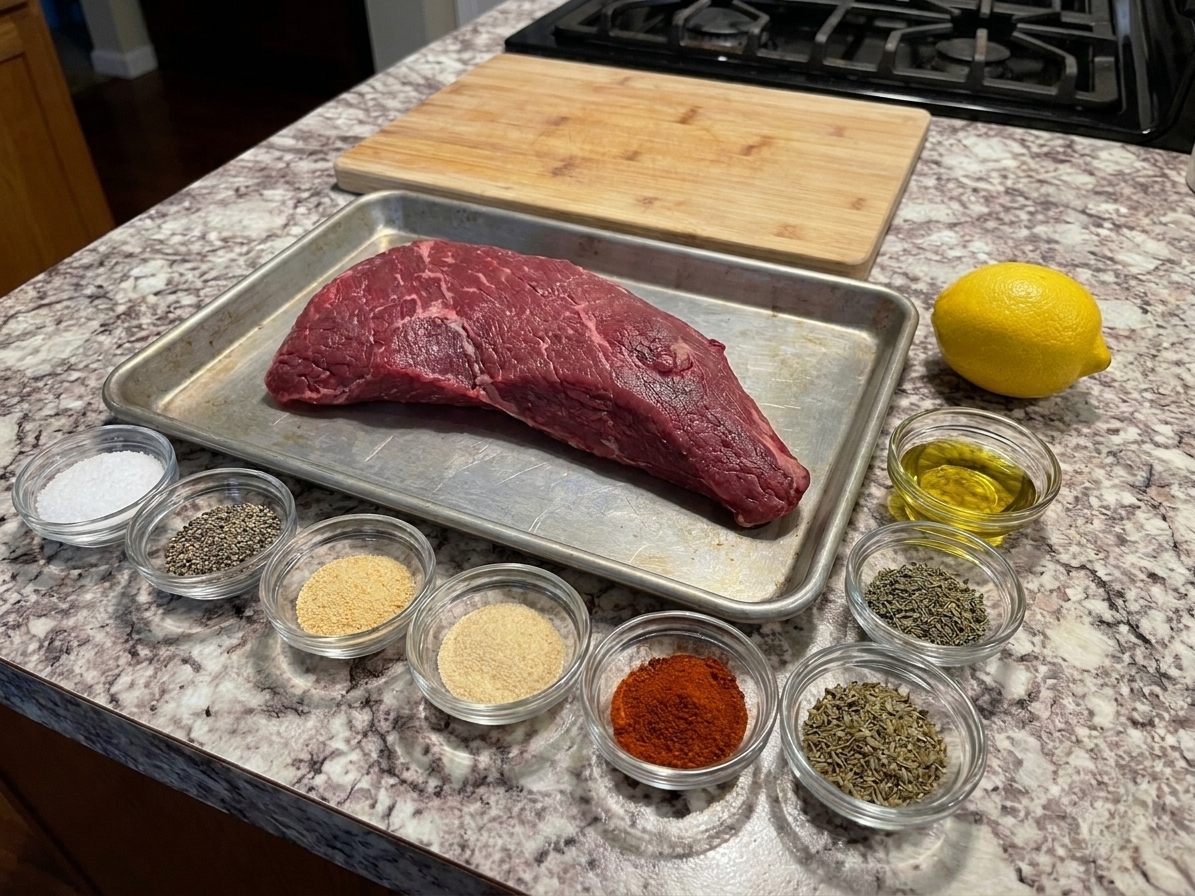 Raw tri tip roast on a sheet pan with small bowls of kosher salt, black pepper, garlic powder, onion powder, smoked paprika, dried oregano, dried thyme, olive oil, and lemon on a warm-lit kitchen counter