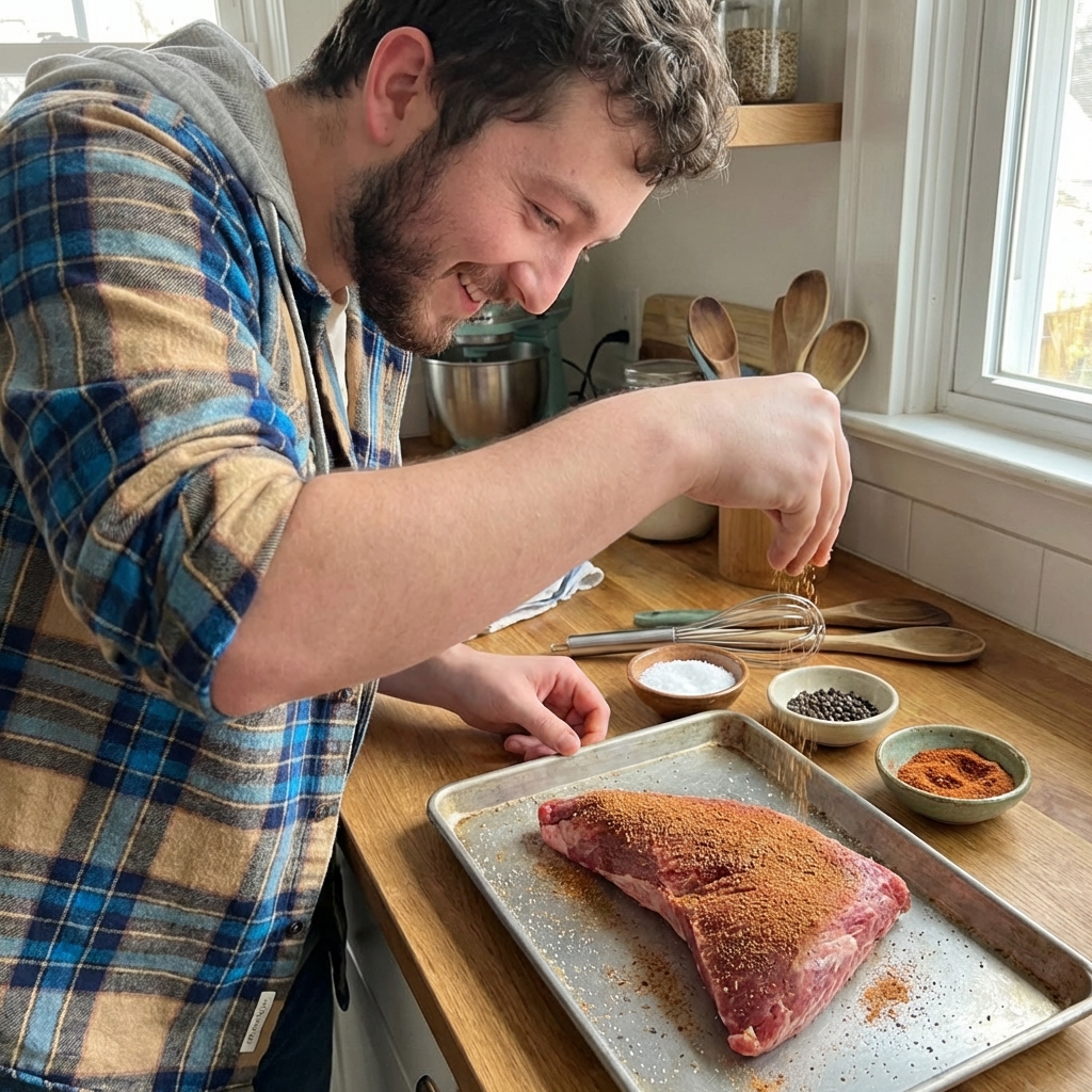 Raw tri-tip roast on a tray being seasoned with a spice rub, with small bowls of salt, pepper, and spices in the background