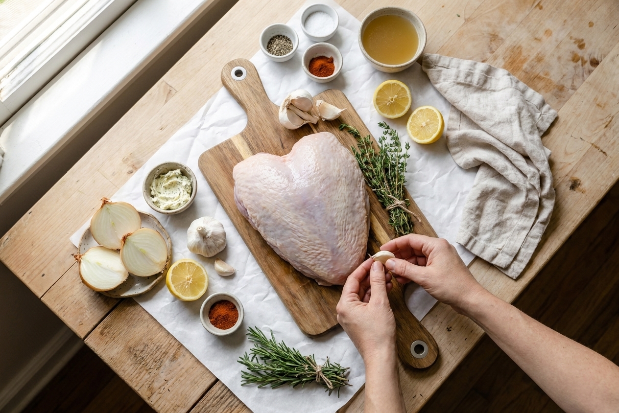 Raw turkey breast, butter, garlic, onions, lemons, thyme, rosemary, chicken broth, and spices arranged on a light kitchen counter