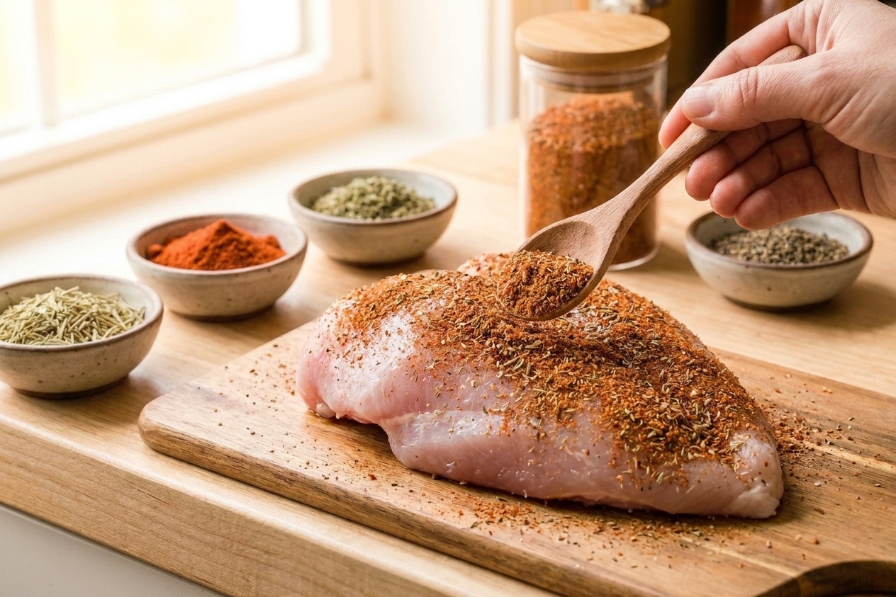 Raw turkey breast on a cutting board being sprinkled evenly with a homemade seasoning blend in a bright home kitchen