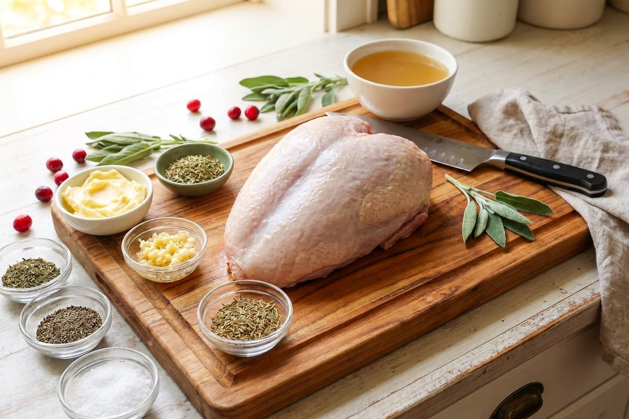 Raw turkey breast on a cutting board with bowls of softened butter, minced garlic, dried herbs, salt, pepper, and broth on a bright kitchen counter