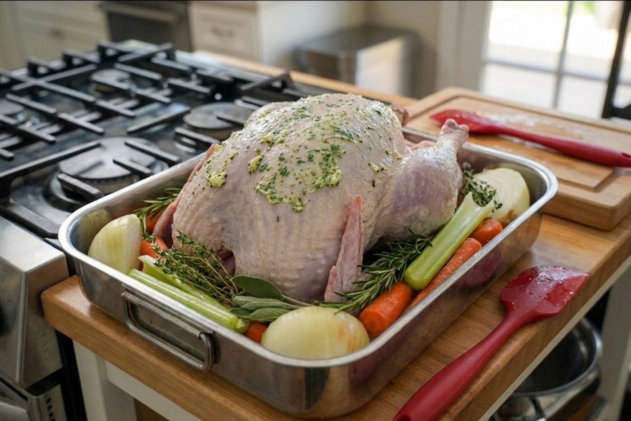 Raw turkey in a roasting pan surrounded by halved onions, celery, carrots, and herbs on a neutral kitchen counter with soft daylight