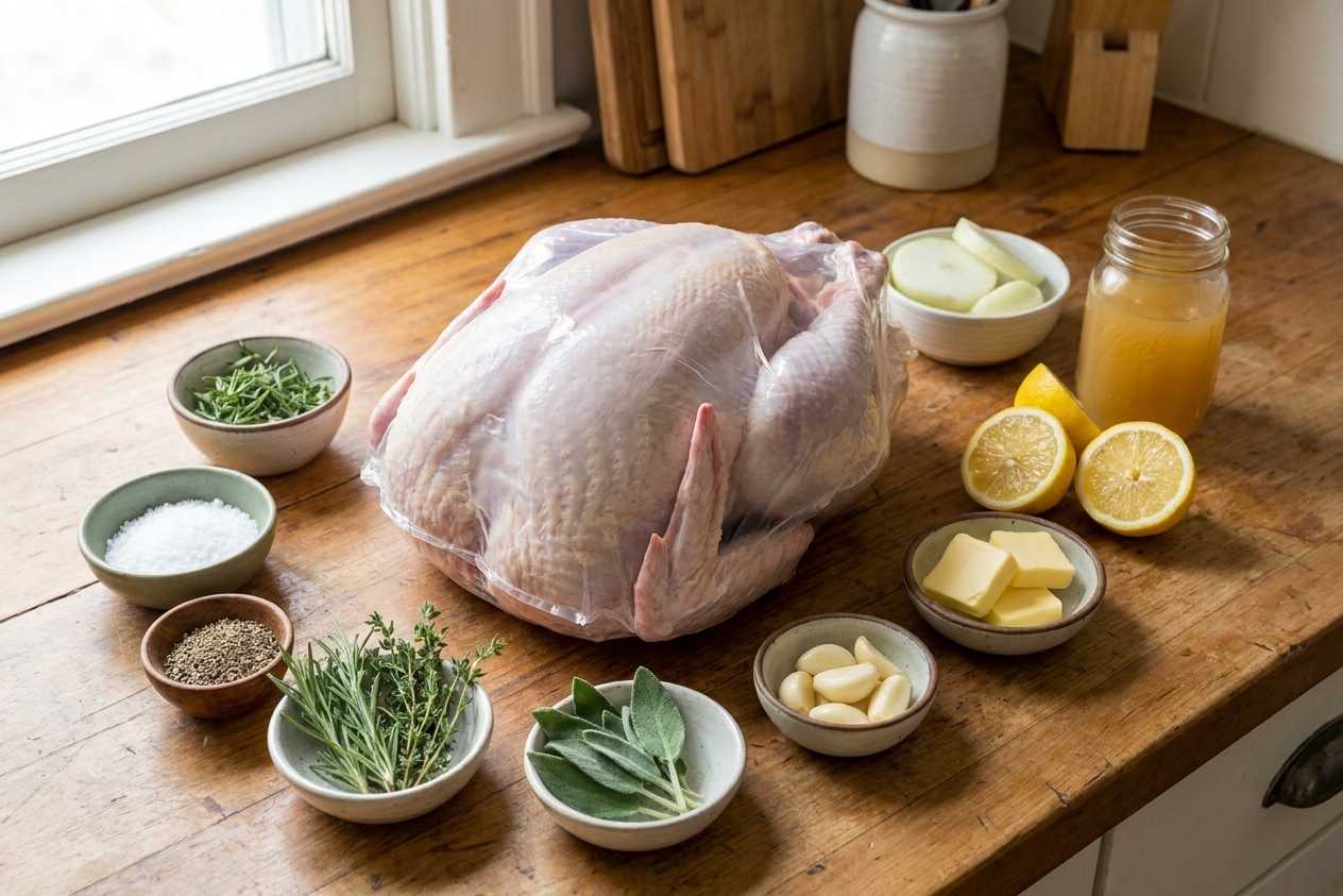 Raw turkey in packaging on a clean kitchen counter surrounded by bowls of salt, pepper, herbs, butter, garlic, lemons, onions, and chicken broth in bright home kitchen lighting