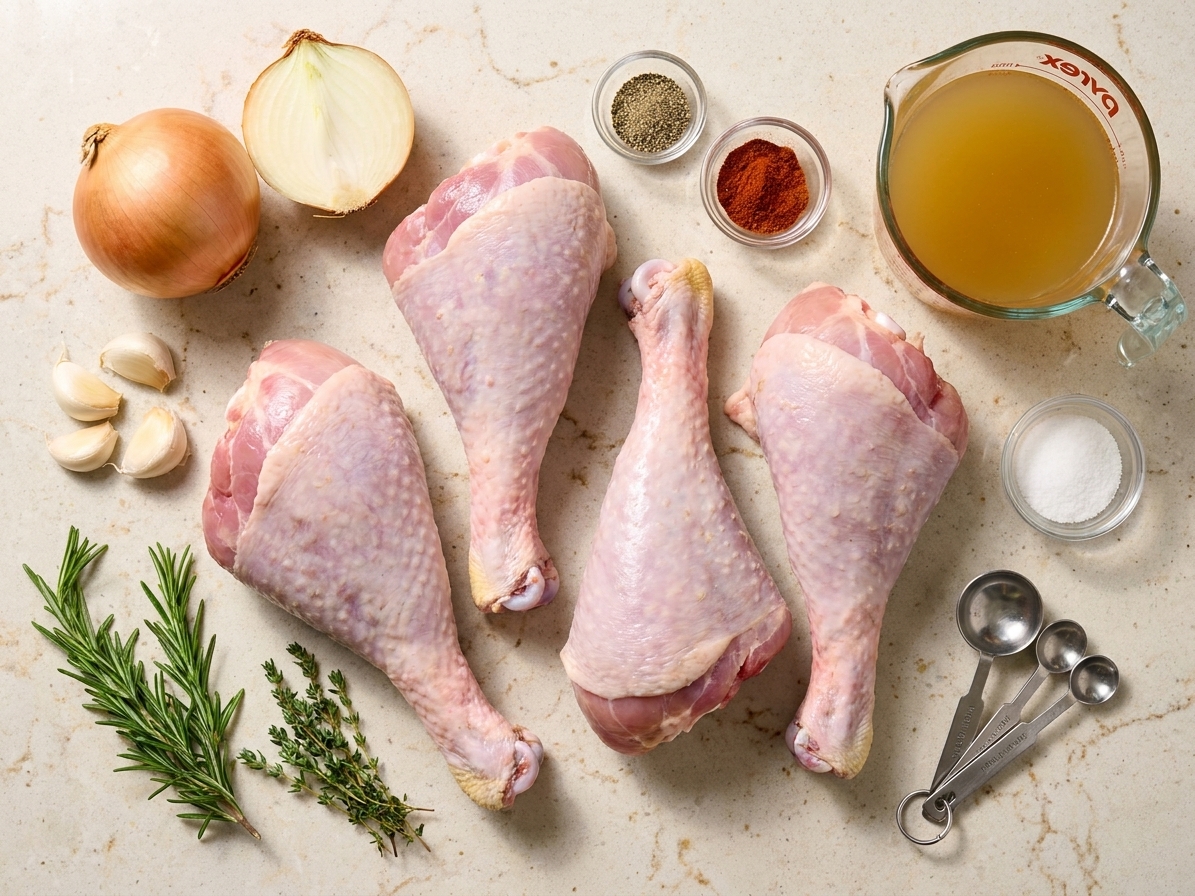 Raw turkey legs, onion, garlic, broth, herbs, and spices arranged on a light kitchen countertop with measuring spoons nearby
